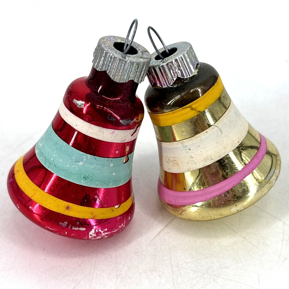 2 Vintage Glass Shiny Brite Bell Christmas Ornaments Red Gold Stripe READ* AS IS